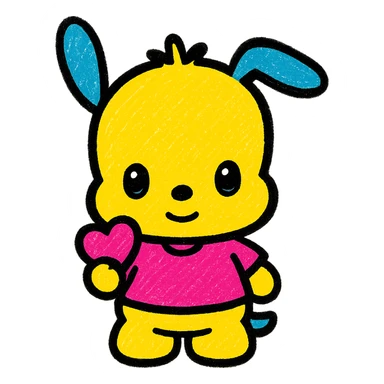 Sanrio Pochacco as a cute Popmart doll emoji, holding a tiny heart, glossy eyes, chibi proportions, sweet smile sticker