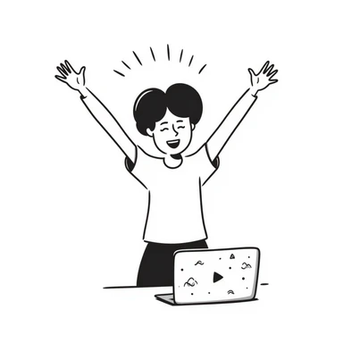 college student smiling in front of a laptop, arms raised in a hooray position, doodle style sticker