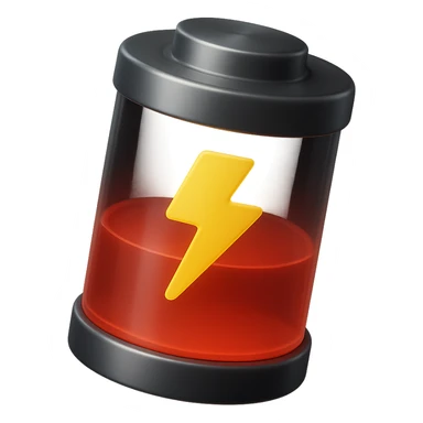 Realistic 3D cylindrical battery with half red level, inspired by the reference image, transparency effect, yellow lightning symbol, metallic reflections, isolated on white background. sticker