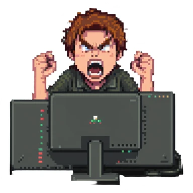 A person working on a computer and yelling angrily, representing a Yandex Market employee working and shouting at customers sticker