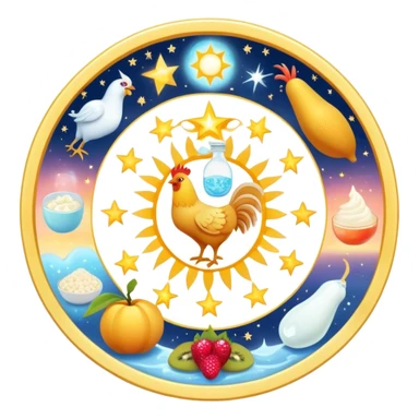 Magical daily fitness nutrition schedule with ethereal water bottle, celestial sun, enchanted chicken and rice plate, mystical gym equipment, glowing yogurt, sparkling fruits, and dreamy sleep symbol, all arranged in a cosmic circle with starry aura sticker