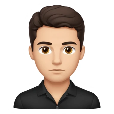 He’s a man with light to medium skin, a defined oval face, full brows, deep-set eyes, and wavy short dark brown tall hair styled with height, sides are trimmed. muscular. expression calm and focused relaxed black black button shirt open collar. polished, articulate, and coach vibe. tall hair tall  sticker