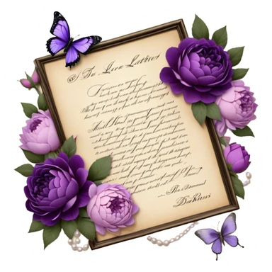 An antique love letter bundle, bound delicately with a purple silk ribbon, rests beside an arrangement of dried blush violet roses, lilac peonies, and soft purple dahlias, while a silver butterfly brooch adorned with pearls seems to pause, captivated by the deep violet inked calligraphy flowing across the aged parchment. sticker