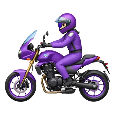 Créer un emoji avec une moto mt07 sport noir mate / violet iridescent très foncé, pare-brise de la moto violet. Avec une pilote dessus, visage masqué par la visière violette . Avec en arrière plan cercle violet. sticker