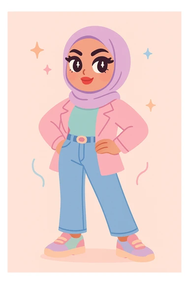 baddie hijabi, confident pose, bold makeup, trendy outfit, stylish hijab, modern fashion, attitude, vibrant colors sticker