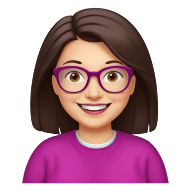 50 yr Caucasian woman, long dark brown hair parted on side, brown eyes, brown glasses, big smile, white teeth, fuscia sweater, chubby,  sticker