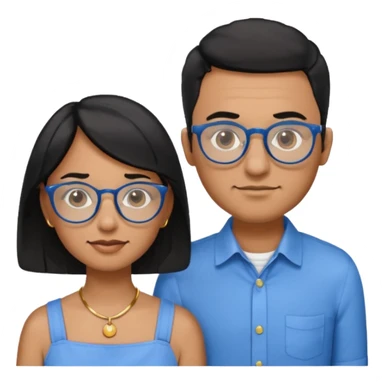 Dois emojis, um homem pardo com cabelos pretos, blusa azul com gola e botões, óculos retangular na cor azul. Mulher parda com cabelo curto preto, óculos redondos e transparentes, está com vestido azul de alças finas e com brincos de argolas douradas na orelha sticker