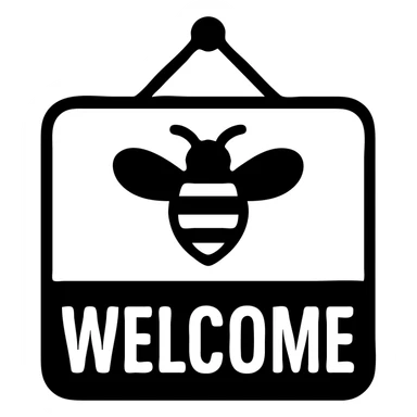 Welcome sign with a bee, 'WELCOME' text, black and yellow design sticker