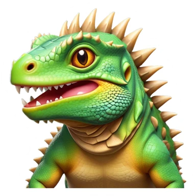 Cinematic Comical Iguana Portrait Emoji, Head tilted dramatically with an exaggeratedly shocked expression, featuring a robust, textured body with a quirky, spiky crest and wide, comically expressive eyes full of playful disbelief, Simplified yet hilariously expressive features, highly detailed, glowing with a slightly sassy jungle glow, high shine, dramatic yet playful, stylized with an air of quirky reptilian mischief, soft glowing outline, capturing the essence of a meme-worthy iguana that looks ready to side-eye its way into viral fame! sticker