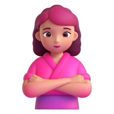 Shy girl character with arms crossed, transparent glass style, bright pink gradient, soft shadows and highlights, minimalist cute design sticker