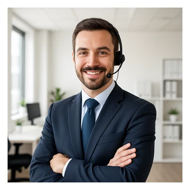 a professional service agent wearing business attire, friendly and approachable expression, modern office background, suitable for branding sticker