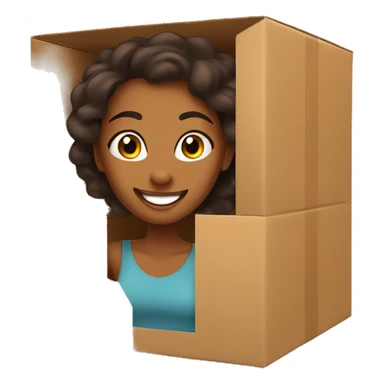 A beautiful brown skin woman with peeks cheerfully from an opening in a large cardboard box, her expression playful and inviting. sticker