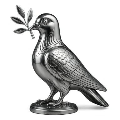 chrome style pigeon holding a branch in its beak, highly reflective and metallic sticker