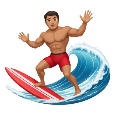 50 year old, muscular, dark haired, tan, red shorts man riding a big wave sticker
