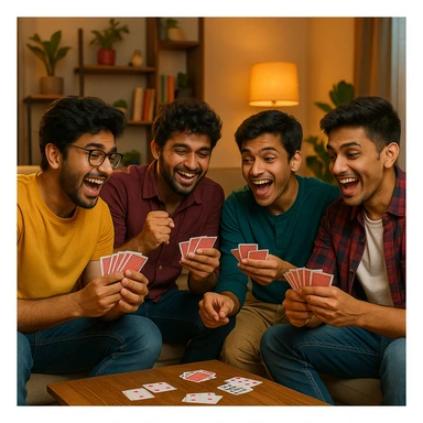 four Indian college boys sitting together, playing cards (tash), casual clothing, lively expressions, indoor setting, vibrant atmosphere sticker