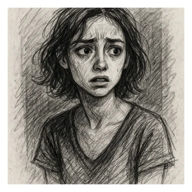 a stylish girl with anxious expressions, hand-drawn sketch style, visible pencil lines, emotional face sticker