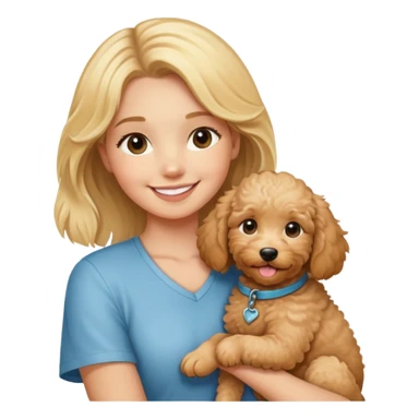 blonde girl smiling and  holding tan goldendoodle puppy  sticker