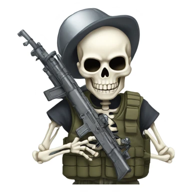 Skeleton with military vest pretending to hold fake rpg sticker