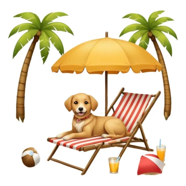 a dog laied on a beach chair, a sunny beach, a sun umbrella, and beach coconut trees. the icon should capture the essence of a relaxing beach vacation with a carefree atmosphere sticker