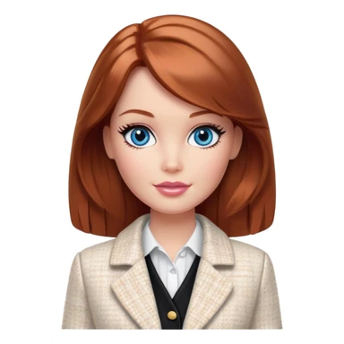 A Barbie girl with blue eyes, shoulder-length reddish-brown hair with makeup, wearing a white tweed jacket and a black skirt stands with cream sticker