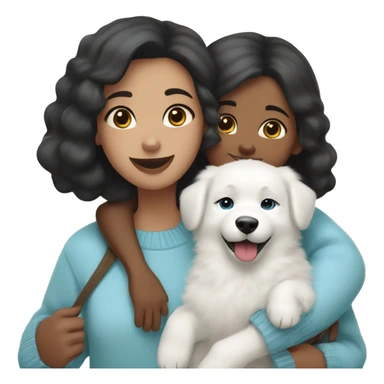 A girl with black Medium bob hair in a sky blue sweater holds a Samoyed puppy in her arms sticker
