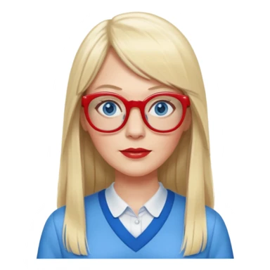 45 yr old white woman, pale skin, long straight blond hair parted in center, blue eyes, bangs, clothes for school, big red glasses sticker