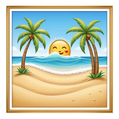 Cinematic Realistic Beach Emoji in a wooden frame, Sunny and bright, with soft golden sand stretching as far as the eye can see, gently lapping waves crashing onto the shore, and a clear, blue sky above. Palm trees sway in the warm breeze, crystal clear water of the waves on the landscape. Soft glowing outline, capturing the essence of a relaxed, joyful beach day filled with sun, sand, and surf! sticker