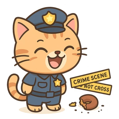 cartoon cat dressed as a police officer, laughing while observing a small harmless crime scene, blue police hat and badge, playful expression sticker