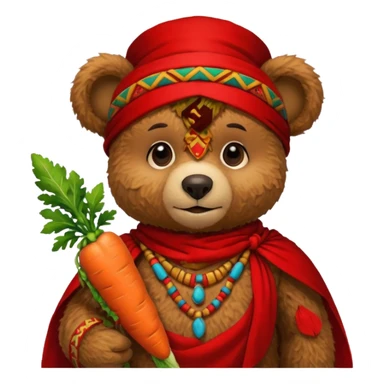 teddy bear Upper eat carrot , wearing red mayan ancient custome, half body sticker