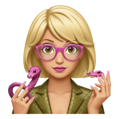 a snake with a bitchy face, a dirty blonde wig, pink pointy nails and square frame golden glasses sticker