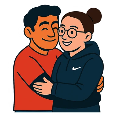 hispanic man with black hair hugging a light-skinned woman in a black Nike hoodie, woman has one bun in the back and thin black glasses sticker