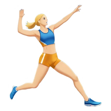 An icon featuring a collage of track and field equipment: a javelin, shot put, discus, high jump bar, and running shoes. The background shows a lively stadium with cheering fans, bright lights, and a clear sky, symbolizing the diversity of athletics. Transparent background emphasizes the sport. sticker