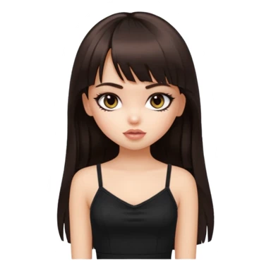 generate a pretty bratz girl in black cami top, dark brown straight long hair with bangs, eyeliner on, sticker