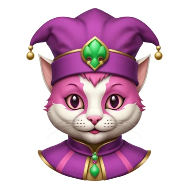 court jester cat medieval, single poker card joker clearly visible, pink, face only, round badge,  court jester cap sticker