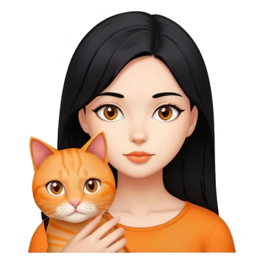 Chica de pelo lacio color negro con un gato naranja  sticker