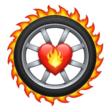 the car wheel is on fire, and in the center of the wheel there is a red fiery heart, high quality sticker