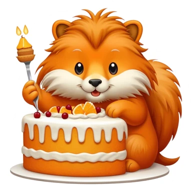 a big kind orange coloured animal with very long fur eats a huge piece of cake sticker