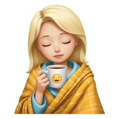 blonde girl wrapped in a blanket, sipping coffee, eyes closed, peaceful emoji style sticker