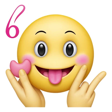 The image is a digital illustration of a yellow smiley face with big, round eyes and a big smile. The face is holding a pink tongue sticking out and making a 67 with its fingers. Above the face, The background is white. Like this but get rid of the text but make the hands do the numbers 67 sticker