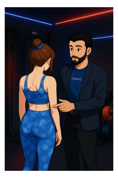 ispirati a questo stile di disegno e fai questa immagine in versione manga/webtoon a colori, il manga mostra la donna di spalle, mentre l'uomo le tocca la spina dorsale per spiegarle come funziona la scoliosi:
Con una scoliosi il baricentro corporeo cade maggiormente da un lato; per non cadere la schiena compensa accumulando tensione sul fianco opposto.
Il risultato? Si inclina e ruota sempre più, fino a che non cede (discopatie, artrosi, ecc) sticker