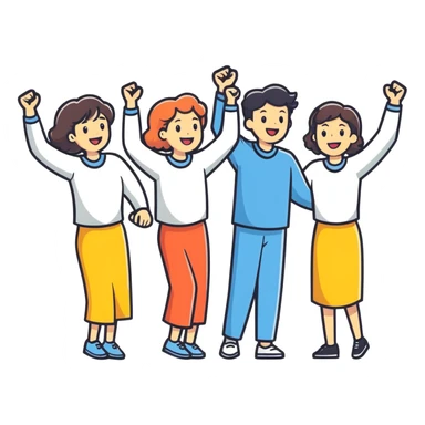 three women and three men, a group of people cheering for Ben sticker