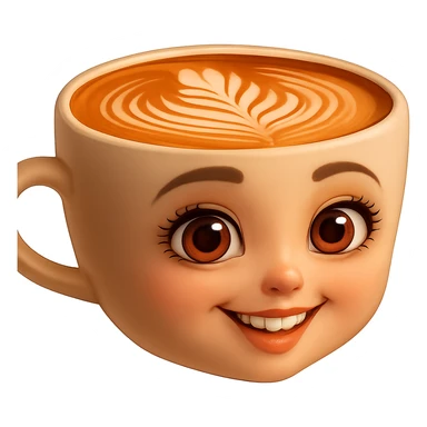 Edita la imagen para que el personaje de la taza de café  MANTENGA exactamente su estilo original,  y colores según la imagen de referencia. ELIMINA FONDO PARA QUE QUEDE TIPO EMOJI NO DBE TENER CUELLO.EL AZA O MANGA DE LA TAZA  DEBE SER COMPLETAMENTE VISIBLE sticker