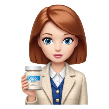 A Barbie girl with blue eyes, shoulder-length reddish-brown hair with makeup, wearing a white tweed jacket and a black skirt, holds pale beige body moisturizer cream pot sticker