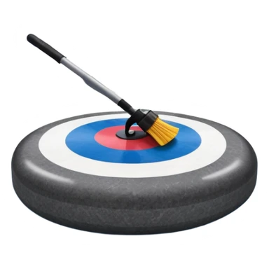 An icon featuring a curling stone in the foreground on an ice sheet with marked target circles. A curling broom rests nearby. In the background, a grand indoor stadium with bright lights and cheering fans. The ice reflects the vibrant colors of the surroundings. Transparent background. sticker