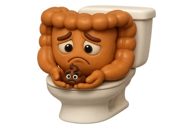 emoji stile iphone di un intestino realistico 3d che esce dal wc con in mano una montagnetta di feci con espressione triste a palline, iperrealistico 4k sticker