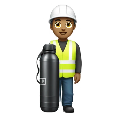 A standing engineer wearing white helmet and holding a black water bottle sticker