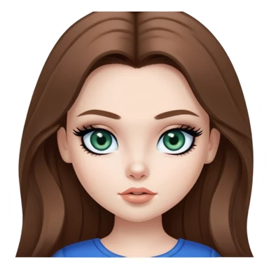 pretty bratz girl, long brown hair, dark green eyes, black eyeliner, pale skin, blue style sticker