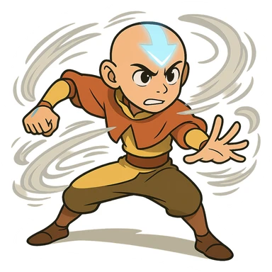 Avatar Aang, dynamic action pose, blue arrow glowing, swirling air, determined look sticker