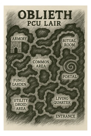 a hand drawn map of how to navigate the Oblieth cave system to find the PCU Lair sticker