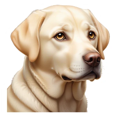 Cinematic Noble Cream Labrador Portrait Emoji, Poised and regal, with a strong, athletic build and a smooth, well-groomed cream Fur, deep-set soulful warm eyes, Simplified yet sharp and sophisticated features, highly detailed, glowing with a soft, dignified glow, high shine, intelligent and gentle, stylized with an air of grace, focused and attentive, soft glowing outline, capturing the essence of a watchful and loving companion, so majestic it feels as though it could bound out of the screen with effortless authority! sticker